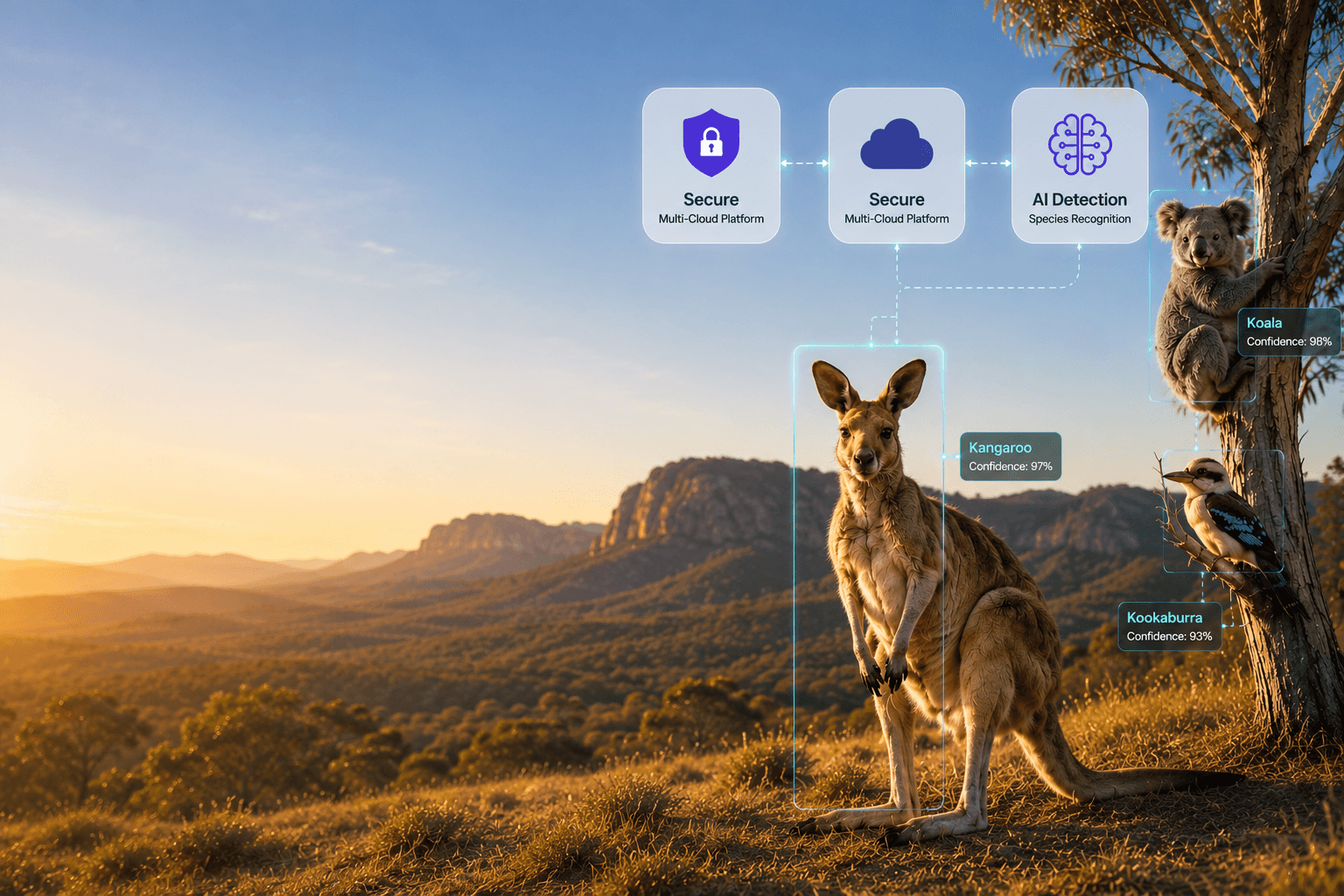 Kangaroos and native birds in an Australian landscape at sunset